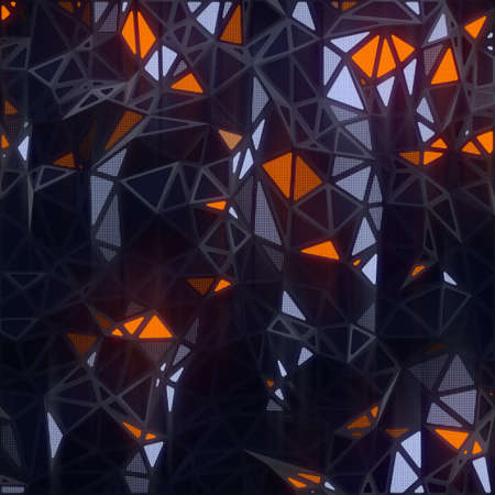 Triangular crystalline background with glowing colored areas. Shiny dark pattern. 3d rendering digital illustrationの写真素材