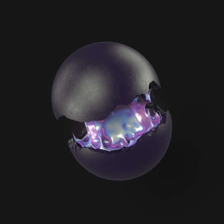 Splitting two halves of a black shiny sphere on a dark background, glued together with rainbow chewing gum. Design template. 3d rendering digital illustrationの写真素材