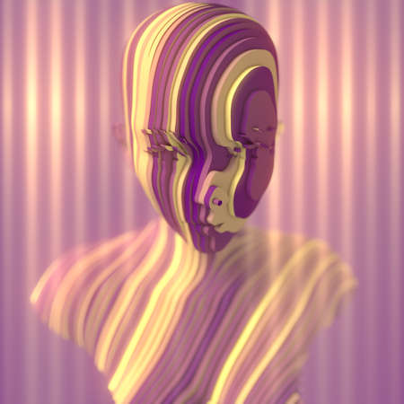 Composition in the form of a woman bust composed of thin slices with a pattern of rays of light in...