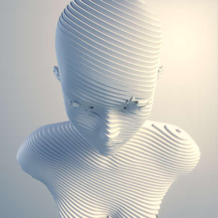 Futuristic composition of white slices in the form of a woman bust. 3d rendering abstract design. Creative digital illustration concept. contemporary art backgroundの写真素材