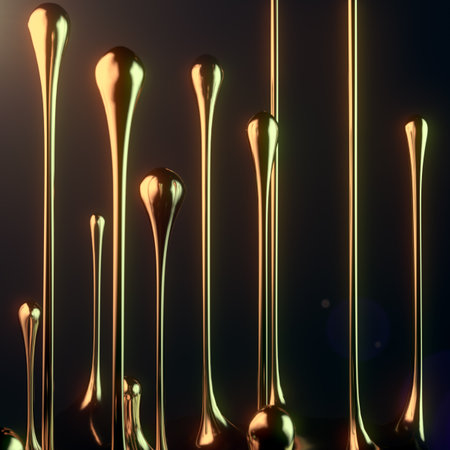 Golden luxury drops flowing upwards. Beautiful cover for concept design. Modern 3d graphic. 3d rendering digital illustrationの写真素材