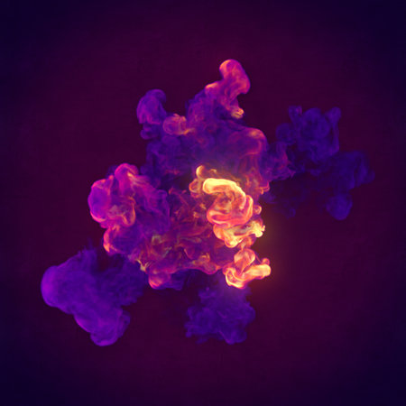Abstract chemical explosion with multi colored smoke mixing on dark background. 3d rendering digital...
