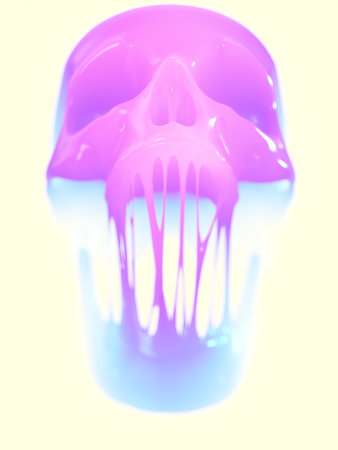 Glamorous colorful skull with clumped jaws and fancy candy gradient. The concept of the health hazards of sweets. abstract art background. 3d rendering digital illustrationの写真素材