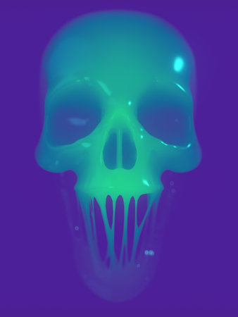 Neon colored glittery skull chewing gum. An imagery of deadly sweetness. Creative concept design. trendy template. Modern 3d rendering digital illustration backgroundの写真素材