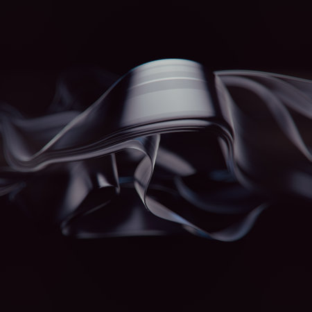 Flying shiny stripes of dark fabric in the wind. Abstract 3d rendering digital illustration background. design template. elegant modern styleの写真素材