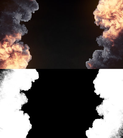 Real giant fire explosions. Dark smoke trails isolated on black background. Abstract creative design background with alpha matte to compose. 3d rendering digital illustrationの写真素材
