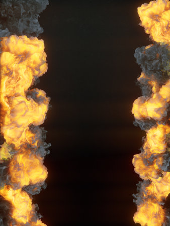 fire explosions. Dark smoke isolated on black background. Burning flames igniting. Abstract creative...