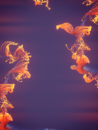 Composition of abstract colorful organic growing shapes with fancy gradient on purple background,...
