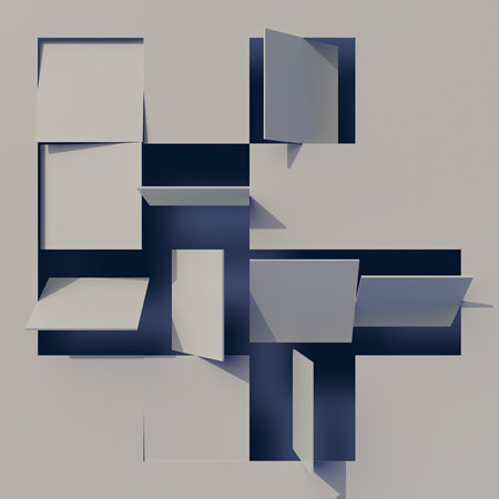 3d rendering digital illustration of square flip covers arranged on a wall. Top view, flat gray color. Digital background. Pattern for decoration designの写真素材
