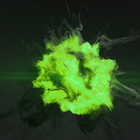 Large bright neon green explosion surrounded by swirls of smoke and flames. 3d rendering digital illustrationの写真素材
