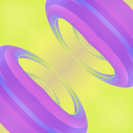 Bright and colorful background with two round objects in purple. The yellow background contrasts with the purple circles. The composition is striking and draws the eye. 3d rendering illustrationの写真素材
