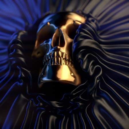 Luxurious golden skull in folds of shiny dark fabric. 3d rendering digital illustrationの写真素材