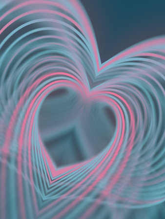 Abstract digital illustration with a heart-shaped pattern of curved multicolored lines with shades...
