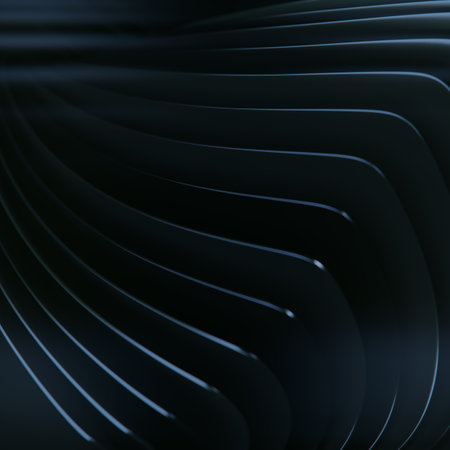 A dark abstract design consisting of a series of curved lines and shapes that create a sense of...