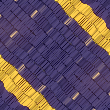 Colorful abstract design consisting of purple with yellow stripes stacking rectangular shapes....