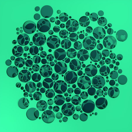 Green abstract background with holes of different sizes arranged in a visually appealing way. Modern and minimalistic style with emphasis on shapes and colors. 3d rendering digital illustrationの写真素材