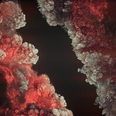 Waves of giant fire explosions in bright red-orange color. Dramatic effect. 3d rendering abstract background. Digital illustrationの写真素材