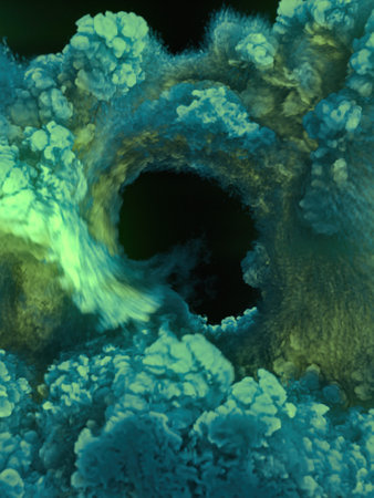 Bright and colorful giant fire storm with magical yellow-green color. Dynamic composition. Abstract style. 3d rendering digital illustrationの写真素材