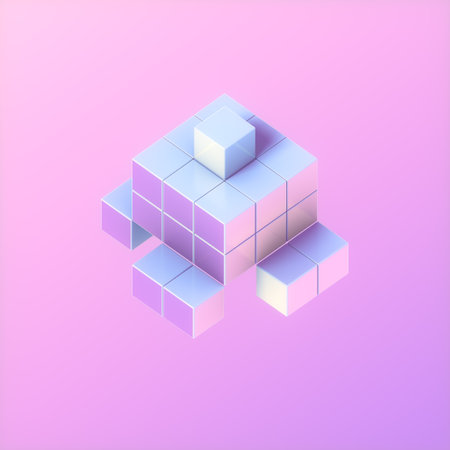 Abstract geometric bright neon composition of multicolored cubes on pink background. 3d rendering...