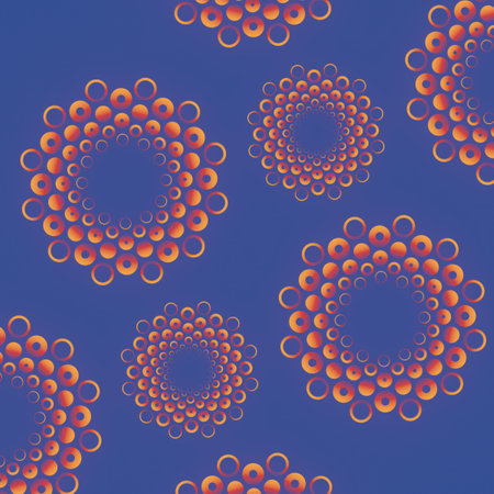 Blue background with a pattern of red-orange circles. Contemporary and artistic style. 3d rendering...