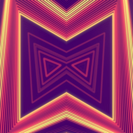 Burning LED light strips in the form of symmetrically arranged triangles on a purple background. 3d...