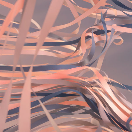 Digital illustration with swirling abstract pattern of flying paper ribbons and shades of pink, orange and blue. Contemporary style. 3d renderingの写真素材