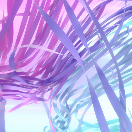 Pink and blue strips of fabric float in space surrounded by bright rays of three-dimensional light. 3d rendering digital illustration backgroundの写真素材