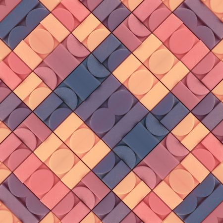 Geometric symmetrical pattern of intertwining shapes with shades of pink, orange, blue and purple. A...