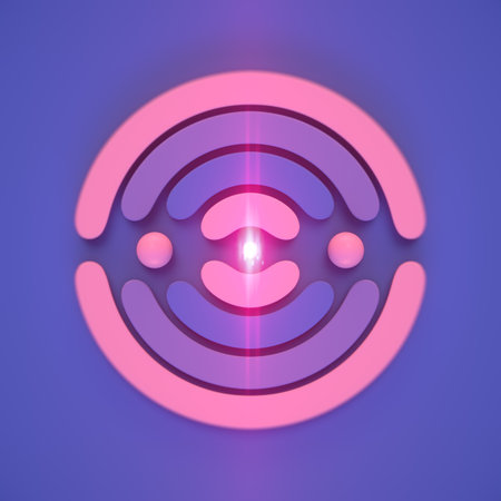 Abstract digital illustration with smoothly intertwining geometric shapes. Symmetrical blue and pink...
