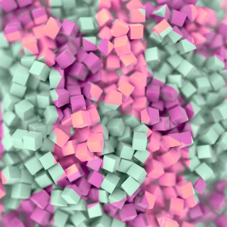 A geometric pattern of randomly arranged cubes in various pastel colors, mostly pink, purple and light blue. 3d rendering digital illustrationの写真素材