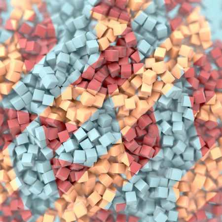 3d rendering digital illustration of a pattern consisting of many small three-dimensional cubes. The...