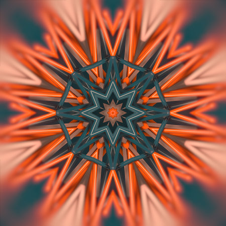 Abstract digital illustration of a kaleidoscopic star-shaped pattern of chaotically scattered multicolored sticks with shades of orange and green. 3d renderingの写真素材