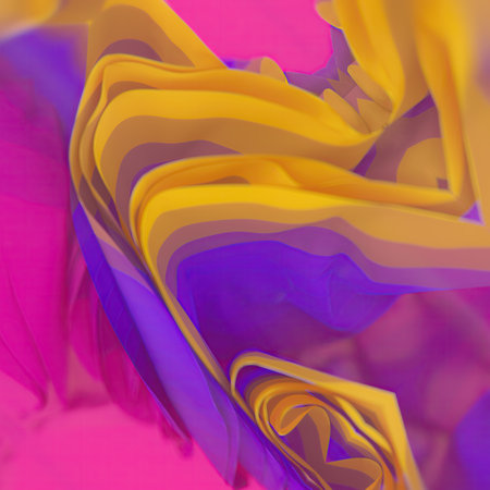 Waves of colored fabric strips with trendy stepped yellow-purple gradient and depth of field effect. 3d rendering digital illustrationの写真素材