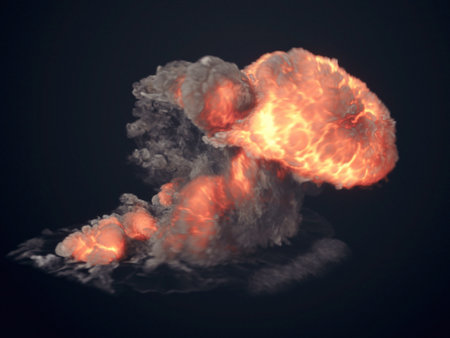 Realistic explosion with bright flames and dark billowing smoke on a dark background. 3d rendering...