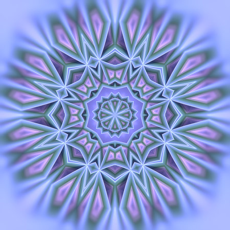 Digital illustration of a star-like radial pattern composed of many simple geometric shapes with...