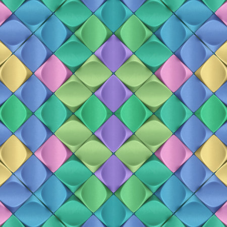 Symmetrical tessellated pattern of interlocking three-dimensional wavy shapes in pastel colors...