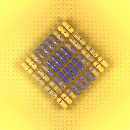 A group of rectangular capsules with a colorful gradient and purple stripes on a yellow background....