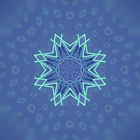 Colorful kaleidoscopic digital illustration in the form of an abstract star on a blue background...