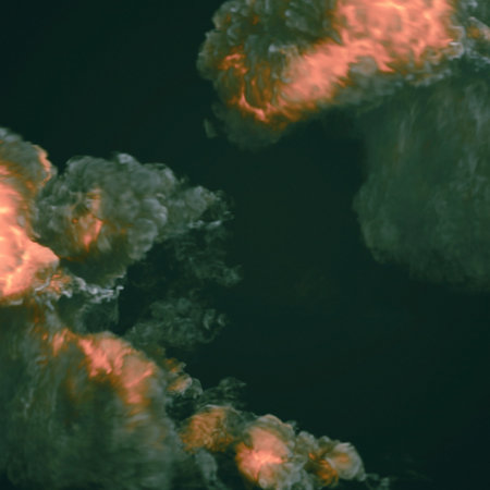 Digital illustration of a large explosion with bright tongues of flame and dark puffs of greenish...