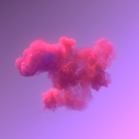 Digital illustration of abstract explosion with bright pink cloud of smoke on light purple...