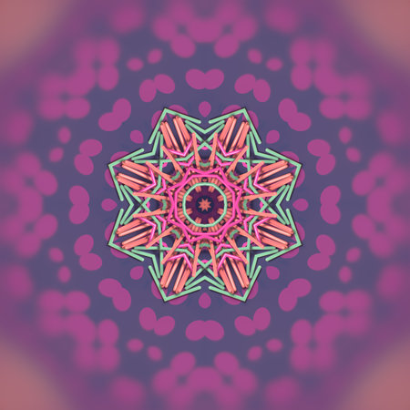 Digital illustration of a kaleidoscopic pattern of chaotically drawn green, orange and pink sticks on a shiny polka-dot background. 3d renderingの写真素材