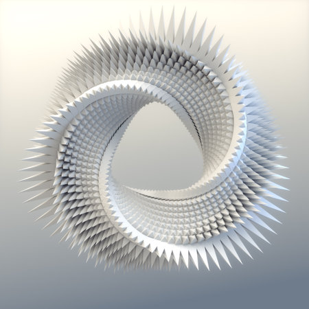 Digital illustration of a white abstract figure in the shape of a Moebius ring consisting of many...