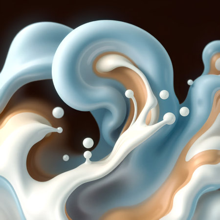 Dynamic scene with colorful liquid splashes depicted in an abstract style. Futuristic background.の素材