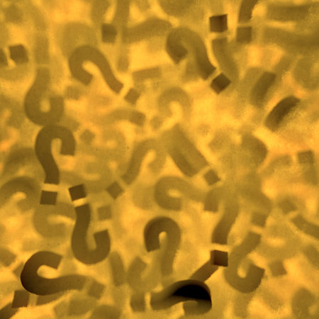 A digital scene with a random scattering of three-dimensional question marks illuminated by bright yellow light. Depth of field. 3d rendering illustrationの写真素材