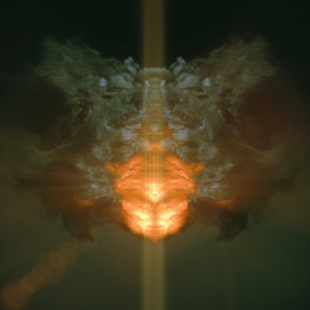 Digital illustration of a fantastic symmetrical cloud of bright, fiery orange flames with glints of...