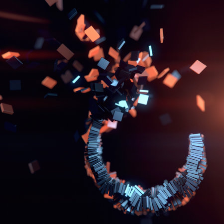Futuristic digital scene of gradual formation of a ring of chaotically scattered metal rectangles illuminated with blue-orange light. 3d rendering illustrationの写真素材