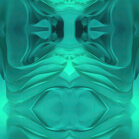 Psychedelic symmetrical wave pattern of flying green fabric strips with depth of field effect. 3d rendering digital illustrationの写真素材