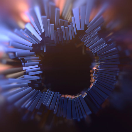 Digital illustration composed of shiny metallic rectangular elements arranged in a ring. Colorful...