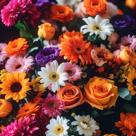 A bouquet of orange gerberas, yellow roses and purple asters illuminated by warm, soft lightingの素材