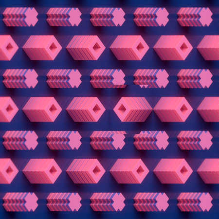 Composition presents a grid of vertical modules created by alternating geometric shapes with a pink...